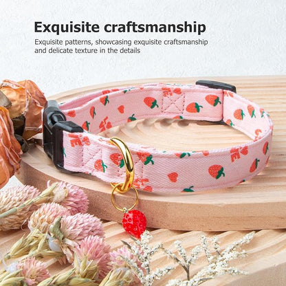 Cotton Handmade Dog Collar Cute and Distinctive Patterns Pink Strawberries with Pendant for Girl Boy Dogs Collars S