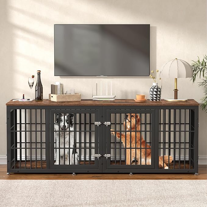 rehomerance 78 Inch Double Dog Crate Furniture, Heavy Duty Extra Large Cage Furniture with Divider for 2 Dogs, Decorative Wooden Kennel Furniture Indoor, Metal Pet House for Large and Medium Dogs