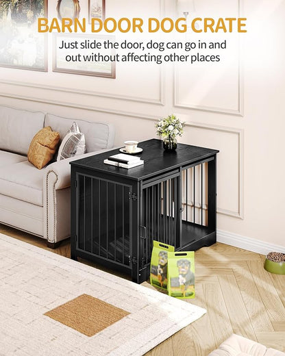 Hzuaneri 39.3" Dog Crate Furniture with Barn Door, Heavy Duty Dog Kennel Indoor with 2 Doors, Wooden Pet Cage End Table for Large Small Medium Dogs, Anti-Chew Anti-Escape, Black DFC02304B