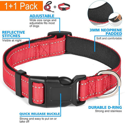 Ladoogo Reflective Dog Collar Padded with Soft Neoprene Breathable Adjustable Nylon Dog Collars for Small Medium Large Dogs (Small (Pack of 1), Red Collar+Leash)