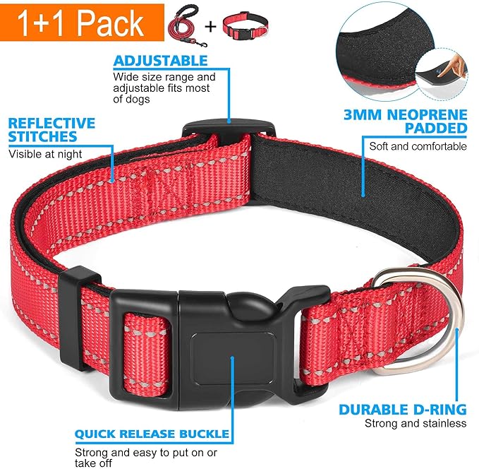 Ladoogo Reflective Dog Collar Padded with Soft Neoprene Breathable Adjustable Nylon Dog Collars for Small Medium Large Dogs (Large (Pack of 1), Red Collar+Leash)