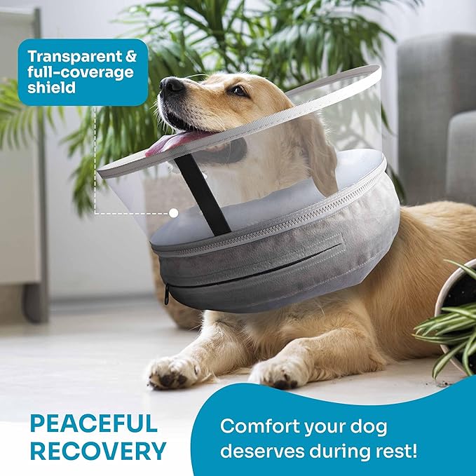 Dog Inflatable Neck Collar - Inflatable E Collar for Dogs - Comfortable Elizabethan Cone with Detachable Anti-Licking Shield - Dog Donut Cone - Doughnut for Dogs After Surgery (Grey, M)