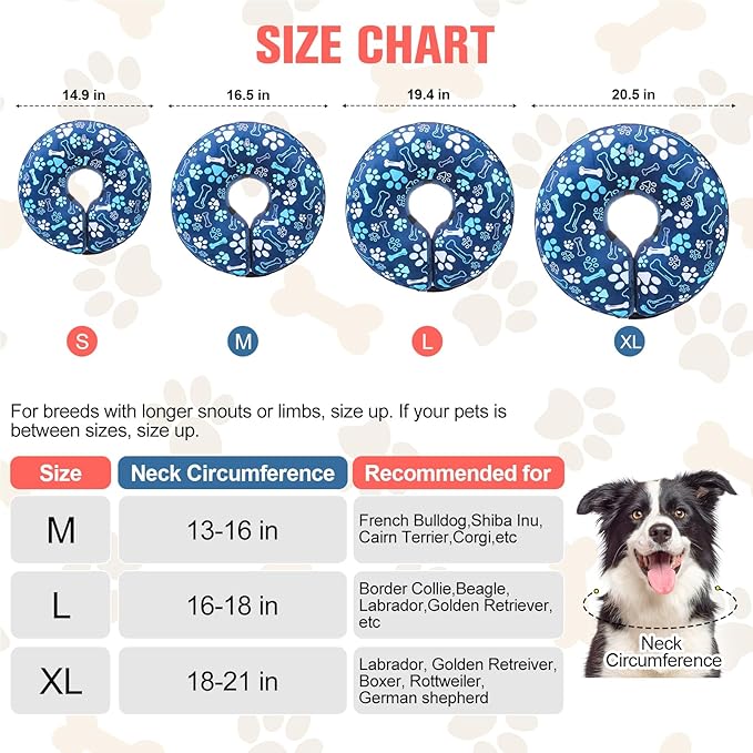 BEAUTYZOO Inflatable Dog Cone Collar, Recovery Dog Cone After Surgery, Adjustable Blow up Dogs Donut Collar, Pet Recovery Collar for Dogs,Navy Blue M