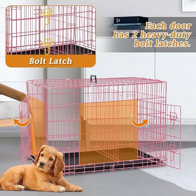 Dog Crate Dog Kennel Cage for Small Dogs, 24" Portable Foldable Indoor Outdoor Large Double Door Wire Metal Puppy Cat Pet Dog Cage with ABS Tray LC & Divider, Pink
