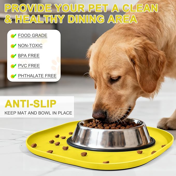 Smilool Small Silicone Pet Food Mat with Raised Edge for Food and Water Bowl, Square Dog Feeding Mats, Cat Food Trays for Floor Waterproof, Rubber Tray for Dogs and Cats, 12 x 12 x 0.7 Light Yellow