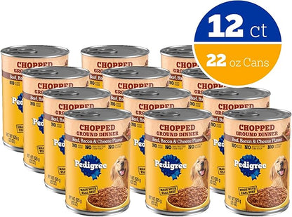 Pedigree Chopped Ground Dinner Adult Soft Wet Dog Food Bacon & Cheese Dinner, Canned Dog Food, 22 oz. Cans, 12 Count