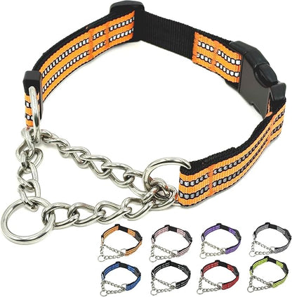 Martingale Dog Collars, Reflective Nylon Collar with Stainless Steel Chain, Adjustable Walking Training Dog Collars with Quick Release Buckle, Suitable for Small Medium Large Dogs(Orange,M)