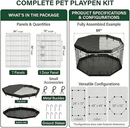 PJYuCien Dog Playpen with Top Cover and Bottom Pad - Metal Foldable Exercise Pen, 8 Panels 36" H x 24" W Indoor Outdoor Pet Fence Puppy Crate Kennel, Black