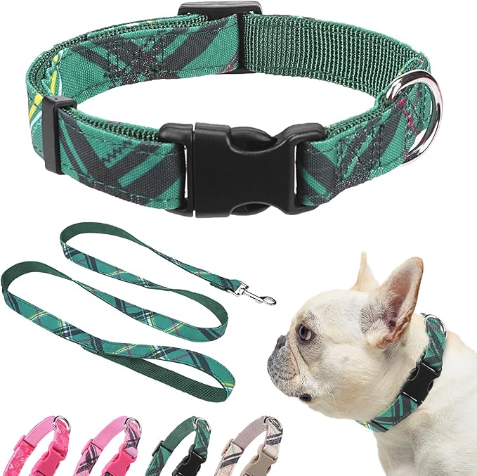 Dog Collar and Leash Set for Small Dogs, Adjustable Soft Puppy Collar with Quick Release Buckle, 5FT Heavy Duty Nylon Matching Leash for Boy Girl Chihuahua, Yorki, Bulldog, Green S