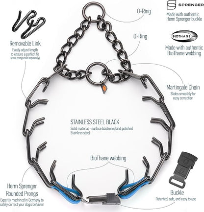 Herm Sprenger Black Stainless Steel Dog Collar with Quick Release ClicLock Buckle O-Ring Biothane Insert Training Collar Made in Germany (Cerulean Blue, 25in x 4.0mm(Neck Size up to21-22in))