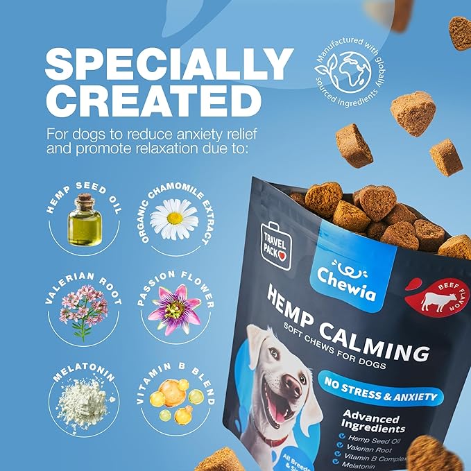 Calming Chews for Dogs Anxiety Relief - Soft Chews for Dogs - Melatonin, Chamomile Extract, Valerian Root - Travel Pack - Vet Visits, Grooming, Nail Trimming, Storms