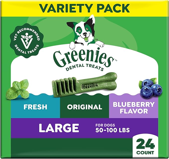 Greenies Dog Treats, Veterinarian-Recommended Natural Dental Dog Treats, Large Size, Variety Pack Flavor, (3) 12 oz. Packs, 24 Count