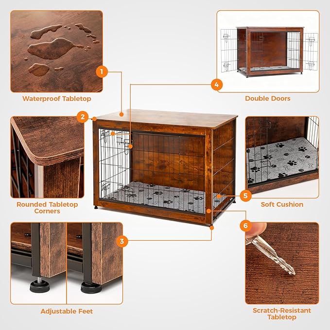 SHAWKEN Wooden & Metal Large Dog Crate Furniture Indoor with Soft Cushion, Double-Door Dog House, 37.4" L Dog Kennel (Rustic Brown, Large)