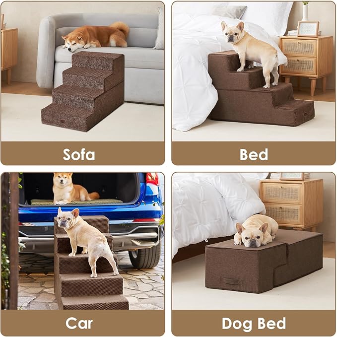 EHEYCIGA Dog Stairs for Bed 20" H, 4-Step Extra Wide Dog Steps for High Bed, Pet Steps for Small Dogs and Cats, Non-Slip Balanced Pet Ramp Indoor, Brown