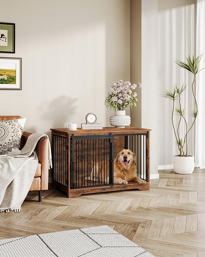Hzuaneri 39.3" Dog Crate Furniture with Barn Door, Heavy Duty Dog Kennel Indoor with 2 Doors, Wooden Pet Cage End Table for Large Small Medium Dogs, Anti-Chew Anti-Escape, Rustic Brown DFC02301B