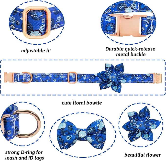 Dog Collar and Leash Set Girls Adjustable Puppy Collars with Floral Bow Tie for Small Medium Large Female Dogs, BluePaisley, XS