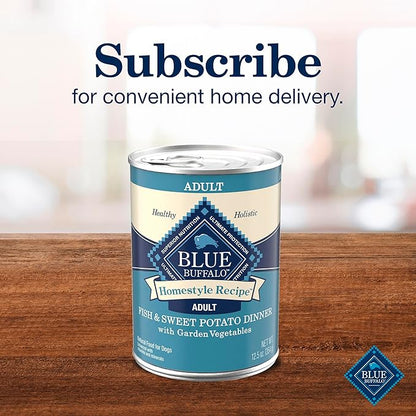Blue Buffalo Homestyle Recipe Adult Wet Dog Food,Made with Natural Ingredients,Fish & Sweet Potato Dinner with Garden Vegetables,12.5-oz can,(Pack of 24)