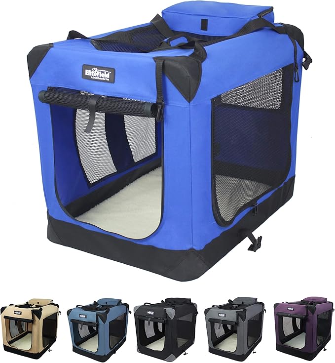 EliteField 3-Door Folding Soft Dog Crate with Carrying Bag and Fleece Bed (2 Year Warranty), Indoor & Outdoor Pet Home (24" L x 18" W x 21" H, Royal Blue)