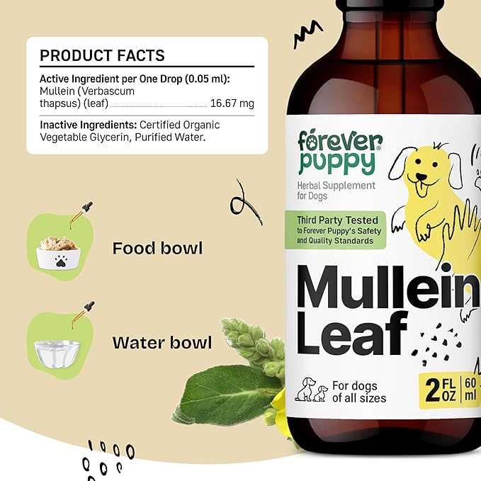 Forever Puppy Mullein Tincture for Dogs - Respiratory Health Support - Canine Mullein Drops for Lungs - Dog Food Supplements and Vitamins - All Breeds & Sizes - Sugar & Alcohol-Free - 2 fl oz