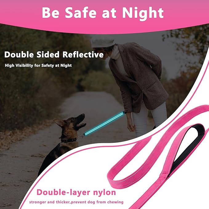 Dog Leash 6.5ft Long, Double Handle Dog Leash for Safety Control Training, Heavy Duty Dog Leads with Traffic Padded Handles, Reflective Leashes for Small Medium Large Dogs(6.5ft, Hotpink)