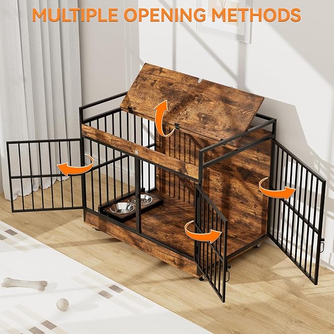 45 Inch Dog Crate Furniture for Large Dog with 2 Stainless Steel Bowls, Heavy Duty Dog Kennel Indoor, Large Wooden Dog Crate Table for Decorate House As TV Stand, End Table