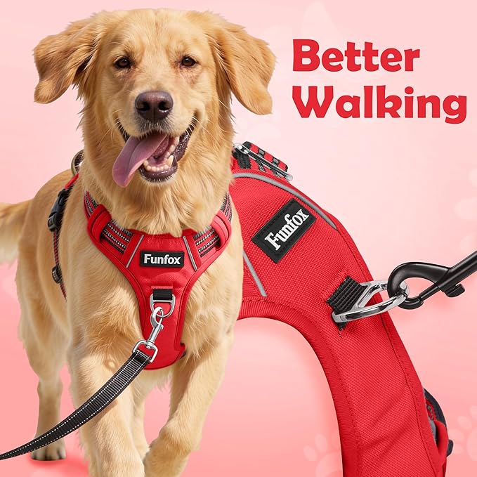 Funfox Dog Harness No Pull, Adjustable Pet Vest Harness, Super Soft Material with Vertical Handle Easy Control, Reflective Night Walking, 2 Leash Clips for XLarge Dogs, Red, XL