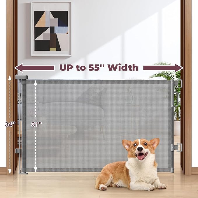 Retractable Baby Gates 2 Pack, 55" Wide Mesh Dog Gate Indoor, 34" Tall Gate for Stairs Doorways Hallways Deck, Child Pet Safety Gate for Indoor Outdoor Home Use, Grey
