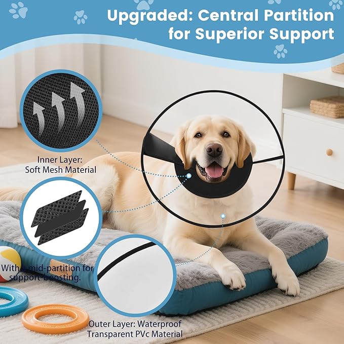 Upgraded Dog Cone Collar After Surgery, Soft Breathable Pet Recovery Collar with Double-Layer Design and Support Plate, Adjustable Dog Cone Collar for Large Medium Dogs, Elizabethan Collar（Black，XXL）