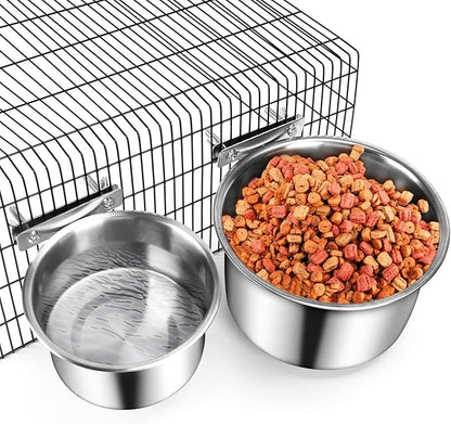 Crate Food and Water Bowl, ShineMe 2 Pack Stainless Steel Hanging Pet Bowls for Crates Kennels Cages, Metal Dog Crate Bowls Hanging No Spill for Medium and Large Pets (7.1 * 3.5” & 5.5 * 3.2”)