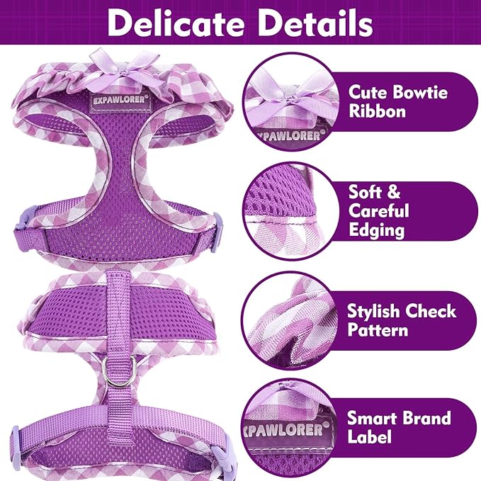 EXPAWLORER Cute Dog Harness and Leash Set - Purple Girl Dog Harness Checkered Step-in Design, Easy Adjustable No-Choke Lightweight Breathable Vest for Puppy Small Dogs Cats Outdoor Walking, X-Small