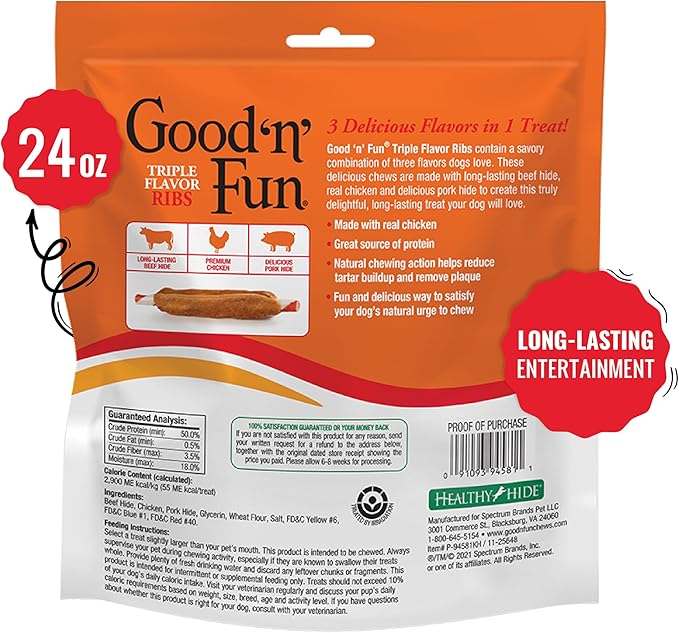 GOOD 'N' FUN Triple Flavor Ribs Chews for All Dogs, 24 Ounces, Treat Your Dog to Long-Lasting Chews Made with Beef Hide, Chicken and Pork Hide
