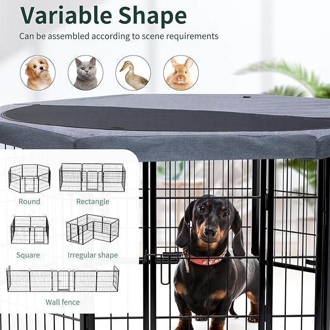 PETIME Dog Playpen,Metal Exercise Puppy Pen Heavy Duty Kennels Yard Fence Indoor/Outdoor 22" W x 24" H 8 Panels Dog Cage with Octagon Top Cover