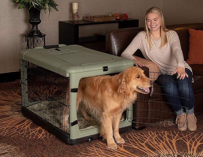 Pet Gear “The Other Door” 4 Door Steel Crate for Dogs/Cats with Garage-Style Door, Includes Plush Bed + Travel Bag, No Tools Required, Sage, 42 Inch