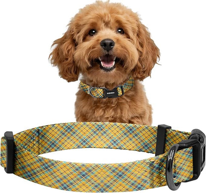 Kazazoo Dog Collar Cute and Soft Nylon Puppy Collar for Boy and Girl, Adjustable Dog Collars for Small Medium Dogs, Yellow&Blue Plaid-S