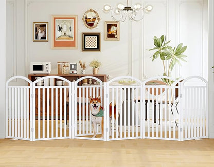 Folding No-Assembly Freestanding Dog Gate with Door,32" Heights Foldable Pet Fence,144" Extra Wide Accordion Puppy Folding Playpen for Doorways,House,Stairs (6 Panels,White)