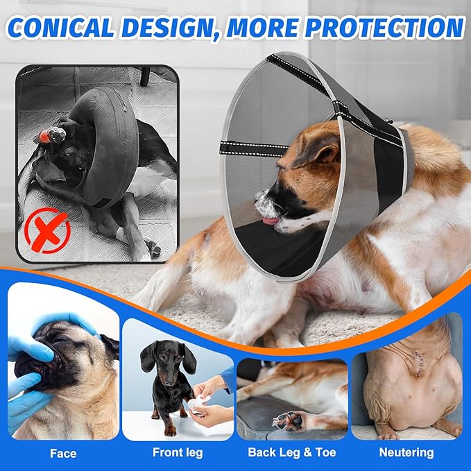 Breathable Mesh Dog Cone Collar with Soft Liner for Surgery, Elizabethan Recovery Alternative to Stop Licking,Pet Neck Collar for Large Medium Small Breeds(Black,7)