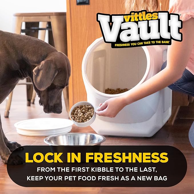 Vittles Vault Traditional Pet Food Storage Container For Dog Kibbles/Bird Seed/Oatmeal/Rice/Flour/Cereal, BPA Free Plastic, Sealed Airtight For Cat Food, Up To 40 lb, Made in USA, With Scoop, Gray