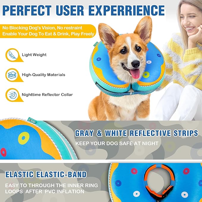 Inflatable Reflective Dog Cone Collar Alternative After Surgery,Dog Neck Donut,Recovery Soft Protective E Collar,Adjustable,for Small Medium and Large Dog Cats (Blue, L)