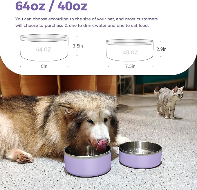 WENBOKMIN Dog Bowl, Stainless Steel Dog Food and Water Bowl with Non Slip Quiet Bottom, Easy to Clean, Dishwasher Safe, 64oz, Light Purple