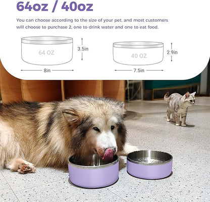 WENBOKMIN Dog Bowl, Stainless Steel Dog Food and Water Bowl with Non Slip Quiet Bottom, Easy to Clean, Dishwasher Safe, 40oz, Light Purple