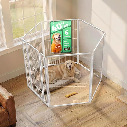 FXW AuraSpace Pro Acrylic & Wire Mesh Indoor Dog Playpen, 40" Height 6 Panels Metal Dog Pen for Medium and Large Dogs, White│Patented