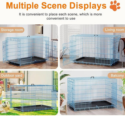 FDW XL Dog Crate 48inch Dog Cage Foldable Metal Kennel with Leakproof Tray Foldable Design Indoor Outdoor Use for Extra Large Dogs,Blue