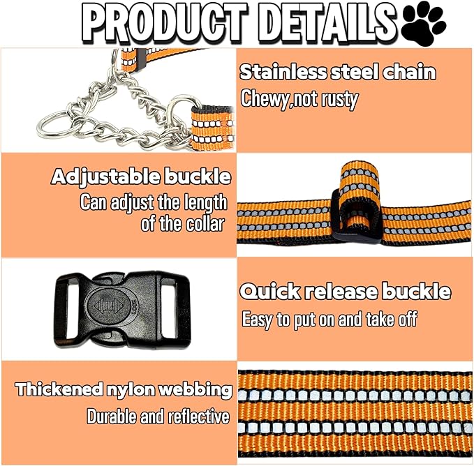 Martingale Dog Collars, Reflective Nylon Collar with Stainless Steel Chain, Adjustable Walking Training Dog Collars with Quick Release Buckle, Suitable for Small Medium Large Dogs(Orange,M)