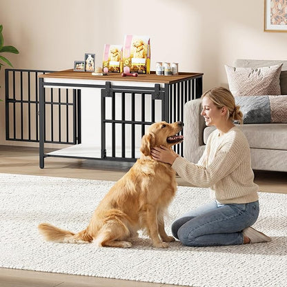 HOOBRO Dog Crate Furniture with Sliding Barn Door, Dog Kennel Indoor for Medium/Large Dogs, Heavy Duty Dog Cage with 2 Doors, End Table for Living Room, Bedroom, Rustic Brown and Black BWH163GW03