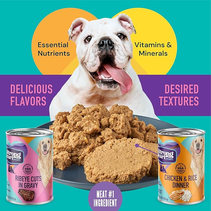 A Strong Heart Wet Dog Food Variety Pack, Ribeye Cuts in Gravy & Chicken and Rice Dinner, Made with Real Beef & Chicken, Made in The USA, 13.2 oz Can (Pack of 12)