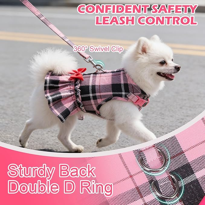EXPAWLORER Dog Harness Small Medium Sized Dogs, Plaid Dog Dress Bowknot Harness and Leash Set, No Choke No Pull Soft Mesh Vest Cute Princess Puppy Outfits Clothes Costume for Girls Party Cats Pink S