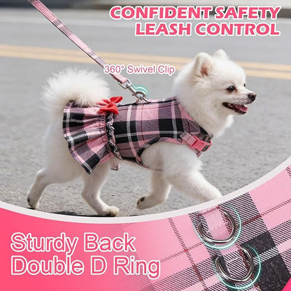 EXPAWLORER Dog Harness Small Medium Sized Dogs, Plaid Dog Dress Bowknot Harness and Leash Set, No Choke No Pull Soft Mesh Vest Cute Princess Puppy Outfits Clothes Costume for Girls Party Cats Pink S
