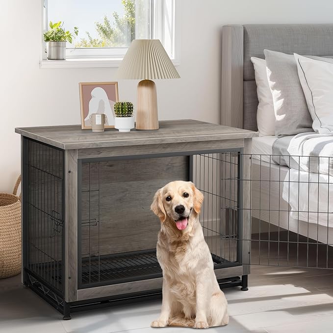 JY QAQA Wooden Crate Furniture, Double-Doors Indoor Kennel Table, Dog House, Cage/Grey/M