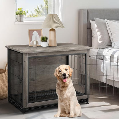 JY QAQA Wooden Crate Furniture, Double-Doors Indoor Kennel Table, Dog House, Cage/Grey/M