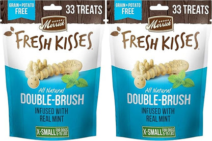 Merrick Fresh Kisses Natural Dental Chews Toothbrush Treat Shape Infused with Real Mint for Tiny Dogs 5-15 Lbs - 33 ct. Bag (Pack of 2)